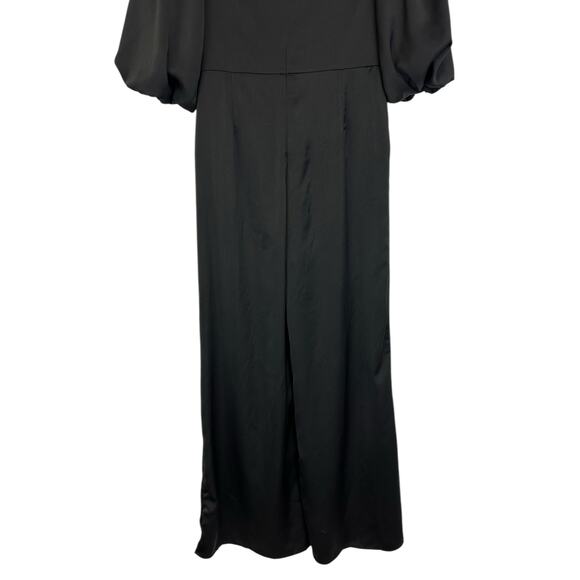 She + Sky Satin Wide Leg Jumpsuit Black Faux-Wrap Balloon Sleeve Size L - Picture 10 of 12